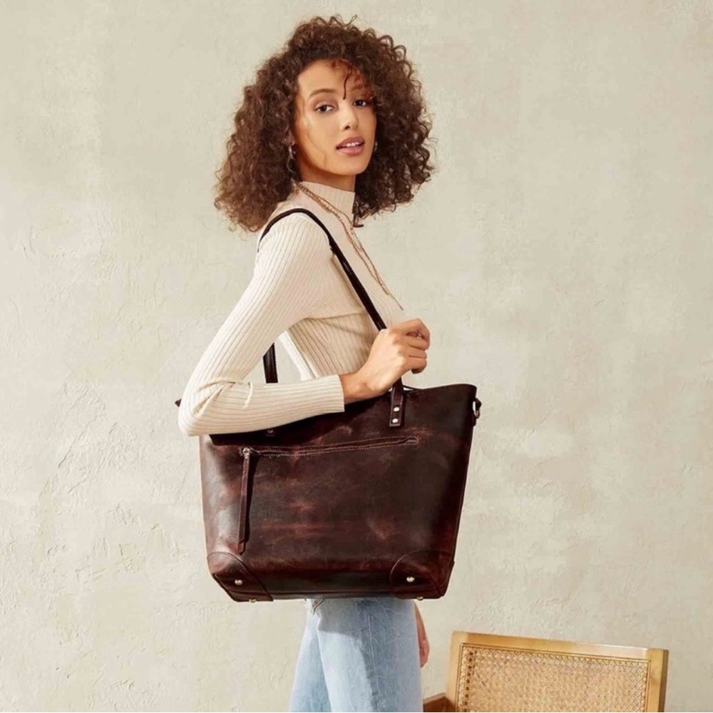 S-Zone Distressed Leather Tote Bag Brown Laptop Work Bag + Card Holder